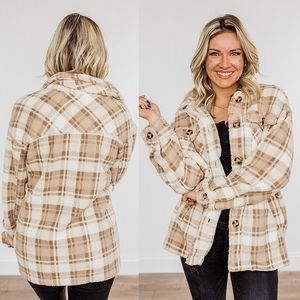 Love Tree Plaid Teddy Jacket in Cream and Tan